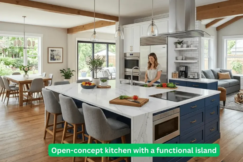 open concept layout large island Palo Alto kitchen remodel featuring open concept layout, large island, seating, and modern integrated appliances