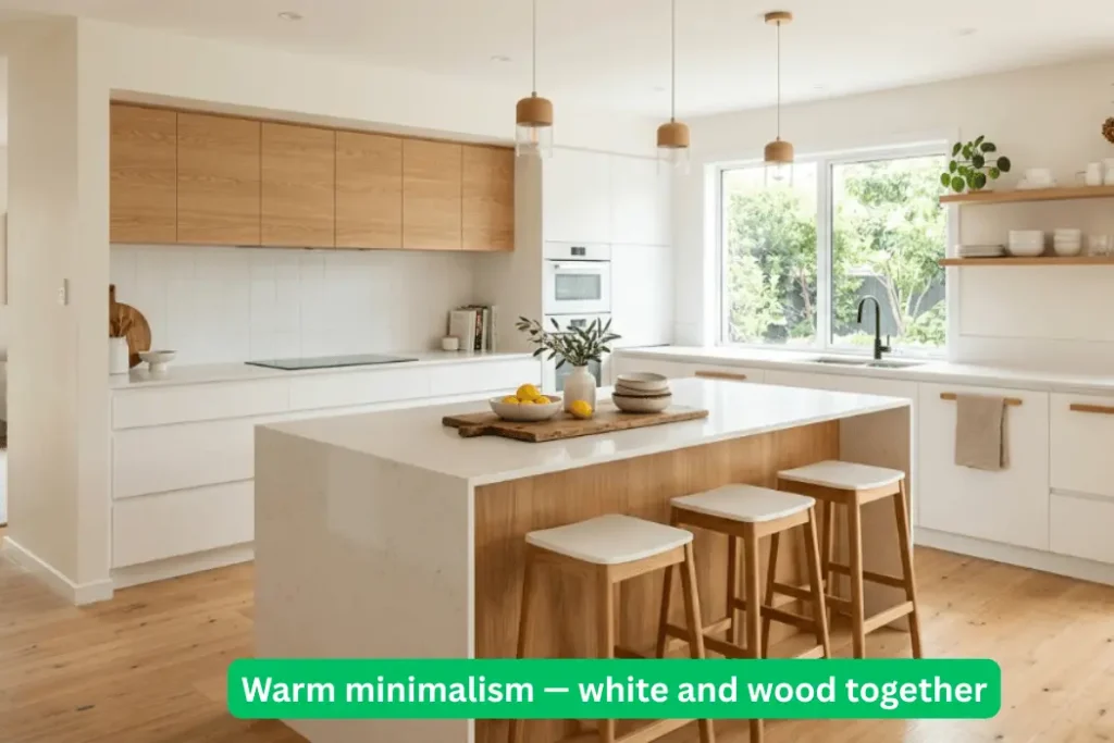 Warm minimalism — white and wood functional kitchen design Palo Alto with white cabinets, wood accents, an island, and a minimalist layout